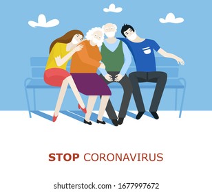 Stop coronavirus concept, covid-19 - Elderly peaple with their grandchildren sitting on the bench in protective medical masks - protect the elderly from the virus