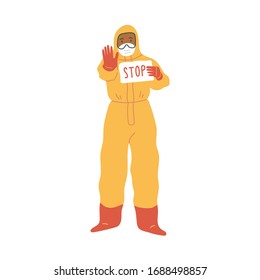 Stop coronavirus concept. Doctor in yellow medical protective suit showing stop gesture and viruses around. Men in chemical protection suits showing piece of white paper with text STOP.