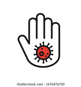 Stop coronavirus concept. Hand with dangerous cell COVID-19.
Vector illustration of the fight against coronavirus. Prevent illness and hygiene sign.  Pandemic, outbreak, medical theme.