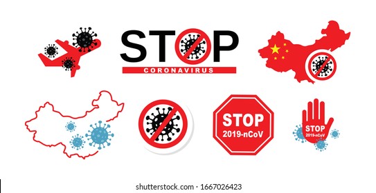 STOP coronavirus concept icons. Dangerous Chinese ncov corona virus, SARS pandemic risk alert. Corona Virus. 2019-nCoV.  Global Spread, and Concept of Icon of Stopping Corona Virus