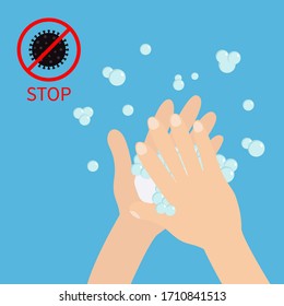 Stop coronavirus COVID 19. Red sign. Wash hands with soap soap foam bubble. Cute cartoon character hand body part. Personal hygiene, disease preventio. Flat design. Isolated Bllue background Vector