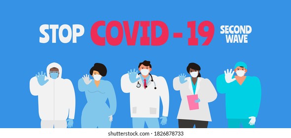 stop coronavirus covid 19 second wave doctors and nurses vector illustration