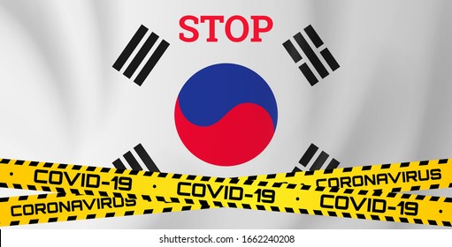 stop coronavirus covid 19 yellow border tape on south korea flag background vector illustration