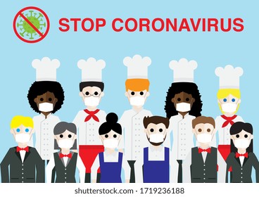 Stop coronavirus or COVID-19 concept. Restaurant team set. Cartoon vector collection. Flat design people characters.
