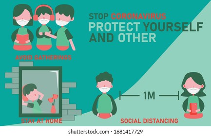 stop corona-virus COVID-19 outbreak.Protect yourself and other. quarantine stay at home, avoid gathering, and social distancing. vector flat design.