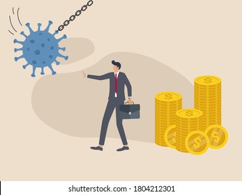 Stop Coronavirus COVID-19 pandemic causing financial crisis, economic stimulus to help protect company from bankruptcy concept, Entrepreneurs protect the Coronavirus wrecking ball.