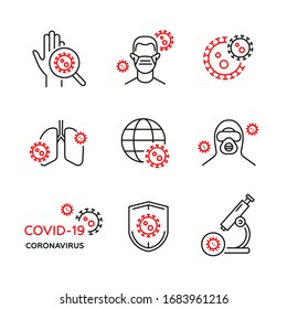 Parar Coronavirus COVID-19.Conjunto simple de iconos de línea vectorial. Protección y seguridad. Ilustraciones vectoriales en diseño plano, sobre fondo blanco, aisladas.