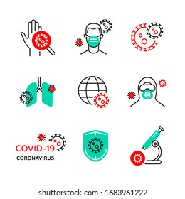 Stop Coronavirus COVID-19. Simple set of vector line icons. Protection and safety. Vector illustrations in flat design, on white background, isolated.