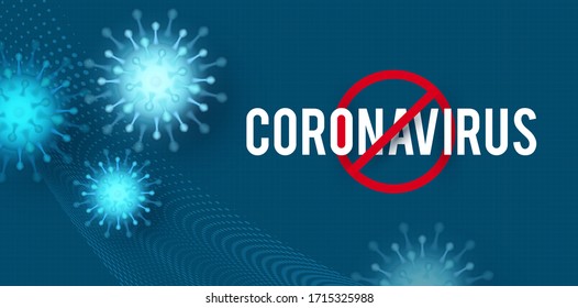 Stoppen Sie Coronavirus COVID-2019 auf blauem Hintergrund. Virus-Zellen 2019-nCoV.