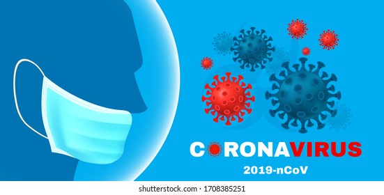 Stop Coronavirus. COVID-2019 quarantine. Human head, medical mask, save sphere and virus symbols. Healthcare design. Wear you mask.