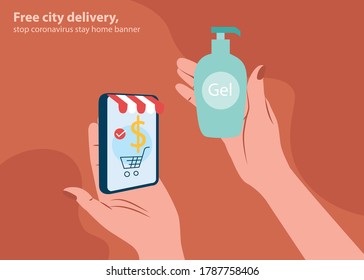 stop coronavirus delivery service phone banner, 2019-nCoV pandemic quarantine.