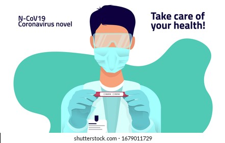 STOP Coronavirus. Doctor hero fighting Coronavirus. Doctor with COVID-19, coronavirus symptoms test sample. Doctor wearing mask and protection glasses. Vector Illustration for banner, poster, flyer.