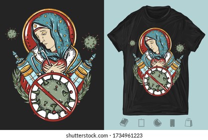 Detén el coronavirus. La Doctora Virgin Mary reza por la adición de la epidemia. COVID-19. Impresión creativa para ropa oscura. Diseño de camisetas. Plantilla para carteles, textiles, prendas de vestir