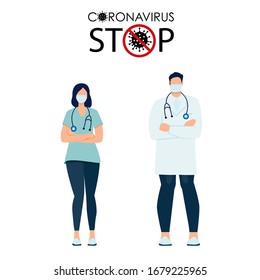 Stop Coronavirus. Doctors, man and woman. Woman and man, support. Flat illustration. 2019-nCov. Vector