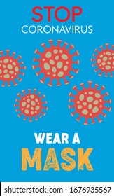 Stop Coronavirus epidemic illustration, wear a mask advice to eliminate covid-19 infection spreading, 2019-ncov virus cartoon banner.