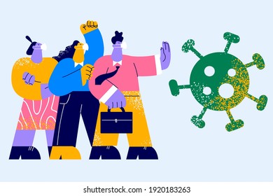 Stop Coronavirus and financial crisis concept. Group of business people workers im medical masks standing and fighting with huge cover-19 bacteria causing financial problems illustration