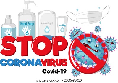 Stop Coronavirus font design with sanitizer products on white background illustration
