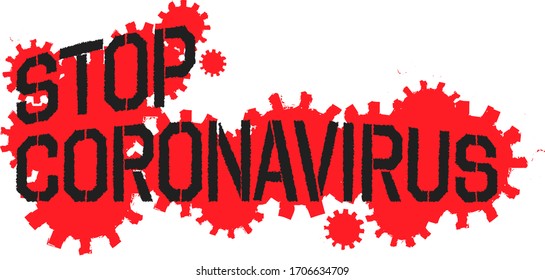 STOP CORONAVIRUS grunge black text with red COVID-19 icons isolated vector on white background 