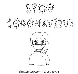  Detén el coronavirus. Estilo Doodle dibujado a mano. Ilustración aislada de vectores con una inscripción. Novela coronavirus 2019-ncov. Brote pandémico. Covid-19. Aislamiento universal. Etiqueta de advertencia para las personas.