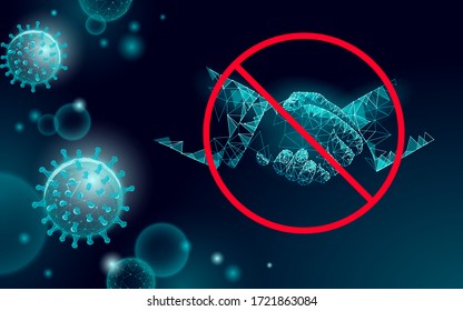 Stop coronavirus handshake 3D low poly render. Prevention infection virus influenza flu pneumonia. Avoid distance technology medicine vector illustration