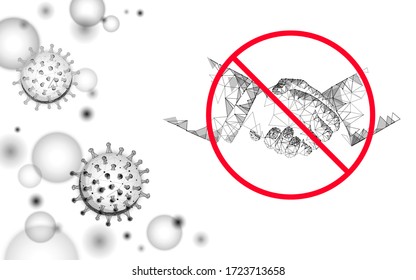 Stop coronavirus handshake 3D low poly render. Prevention infection virus influenza flu pneumonia. Avoid distance technology medicine vector illustration