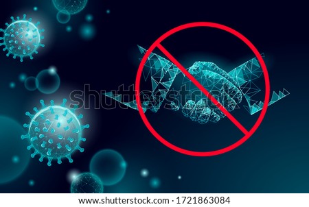 Stop coronavirus handshake 3D low poly render. Prevention infection virus influenza flu pneumonia. Avoid distance technology medicine vector illustration