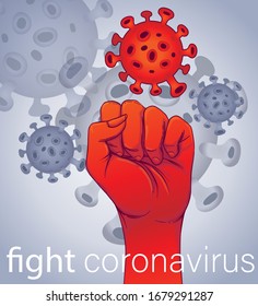 Stop coronavirus,  human fist raised up symbol outbreak and coronaviruses influenza vector illustration. Coronavirus 2019-nCoV. Pandemic medical health risk, immunology, virology, epidemiology.