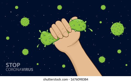 Stop Coronavirus. Human Hand Squashing 2019-nCoV. Hand Drawn Vector Concept Illustration. 