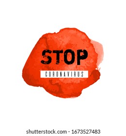 Stop coronavirus icon. Covid-19 ink watercolor texture background. Pandemic medical concept hand drawn vector illustration with brush strokes, splash, spot isolated on white background. No infection.