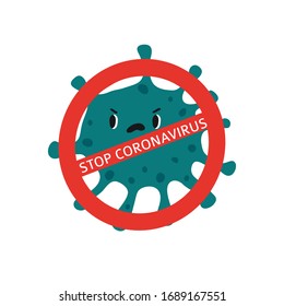 Detener el icono del Coronavirus con el signo rojo de prohibición. Virus lindos, bacterias dibujados a mano. Peligroso COVID-19. Infección por CoV 2019. Concepto de pandemia. Brote de gripe. Ilustración de vectores aislados