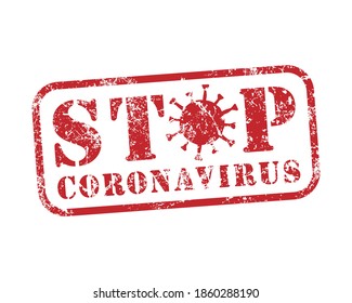 Icono de Parar Coronavirus. Sello de goma roja. Textura gruesa. Símbolo de sellado de enfermedad viral. Etiqueta del logotipo de la epidemia de gripe. Sars Covid-19, signo de sticker. Aislado sobre fondo blanco. Imagen de la ilustración del vector.