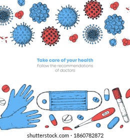 Stop coronavirus illustration.  Medicinal tools, laboratory equipment, corona virus sketch. Medical illustration. Covid sketch. Hand drawn design.