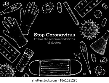 Stop coronavirus illustration.  Medicinal tools, laboratory equipment, corona virus sketch. Medical illustration. Hand drawn design.