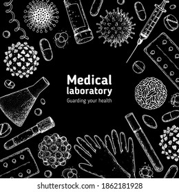 Beenden Sie die Coronavirus-Illustration.  Medizinische Werkzeuge, Laborausrüstung, Skizze des Corona-Virus. Medizinische Illustration. Handgezeichnetes Design.