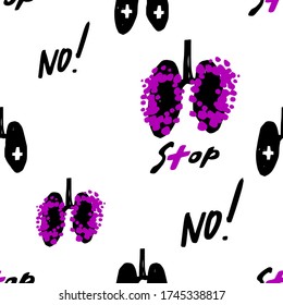 Stop coronavirus infection. Doodle vector seamless with infected lungs, pneumonia. Corona virus vector illustration in sketch graffiti style. Wuhan home quarantine symbols on white background.