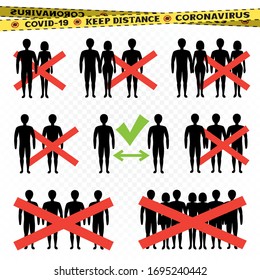 Stop coronavirus and keep distance sign. Covid-19 ban mass gatherings infographic. Stop virus symbol. No people contract sticker label template. Infection biohazard sign