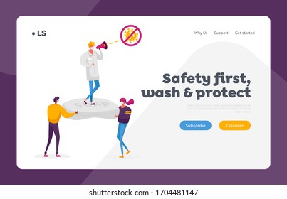 Stop Coronavirus Landing Page Template. Tiny Characters in Masks Carry Huge Antibacterial Soap with Doctor in Labcoat Informing People with Loudspeaker to Stay Home. Cartoon People Vector Illustration