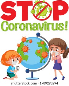 Stop coronavirus logo with children and globe illustration
