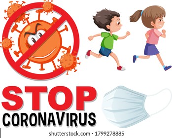 Stop coronavirus logo with children running illustration