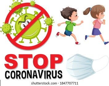 Stop coronavirus logo with children running illustration