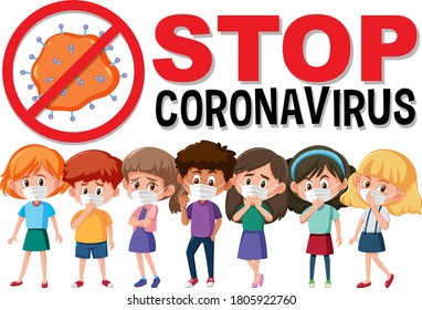Stop coronavirus logo with group of teenager cartoon character illustration