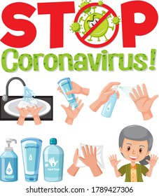 Stop coronavirus logo with hand using sanitizer products illustration