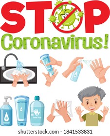 Stop coronavirus logo with hand using sanitizer products illustration