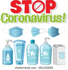 Stop coronavirus logo with sanitizer products illustration