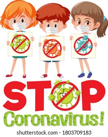 Stop coronavirus logo with three teenagers holding stop coronavirus sign illustration