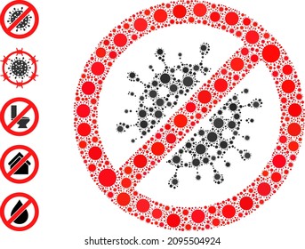 Beenden Sie das Symbol des Coronavirus-Mosaiks. Vektormosaik, konstruiert aus randomisierten Virustellicons. Virulente Collage stoppt Coronavirus Symbol und mehr Symbole. Beenden Sie das Koronavirus-Mosaik für Breakout-Vorlagen.
