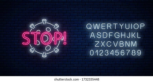 Stop coronavirus neon sign. COVID-19 virus caution symbol with alphabet in neon style. 2019-NCOV outbreak stop icon. Vector illustration. Shiny world pandemic alert design on brick wall background