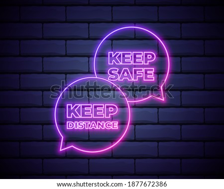 Stop coronavirus neon sign with keep distance icon. COVID-19 virus caution symbol in neon style. Coronavirus disease prevention sign. Vector illustration. Shiny world pandemic alert design