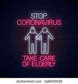 Stop coronavirus neon sign with take of elderly icon. COVID-19 virus caution symbol in neon style. Coronavirus disease prevention sign. Vector illustration. Shiny world pandemic alert design