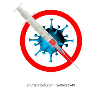 Stop coronavirus. Novel coronavirus cell is crossed out with red STOP sign and syringe with a coronavirus vaccine injection. Fight the sars-cov-2 virus. Stop pandemic covid-19. Мedical concept. Vector